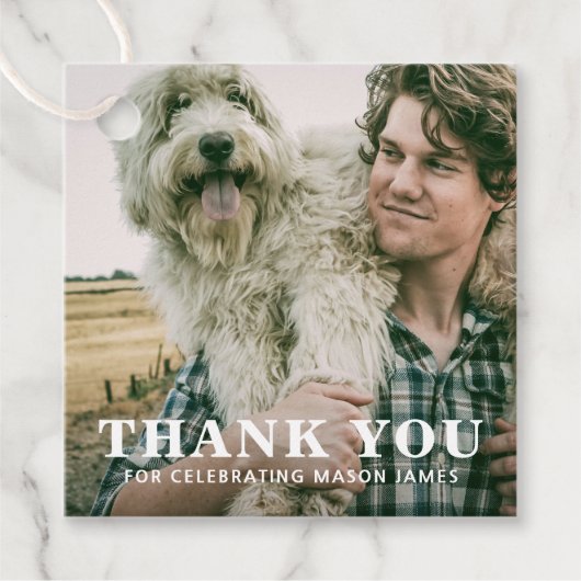 Eenvoudig gebold Dank je Guy Foto Afstuderen Bedankjes Labels (Voorkant)