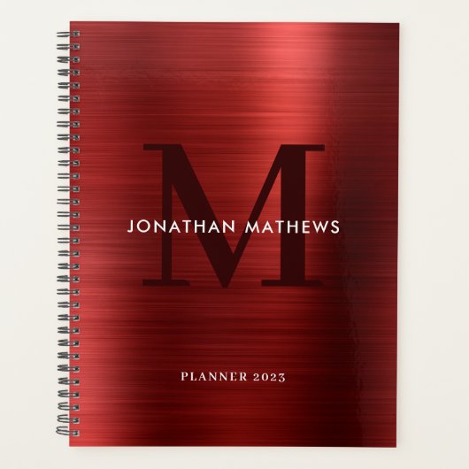 Eenvoudig geborsteld metaal Rood Klassiek monogram Planner (Voorkant)