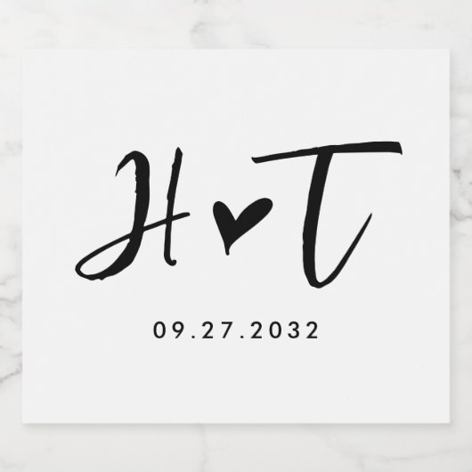 Eenvoudig Geborsteld Script Hart Monogram Bruiloft Sparkling Wijnetiket (Enkel label)