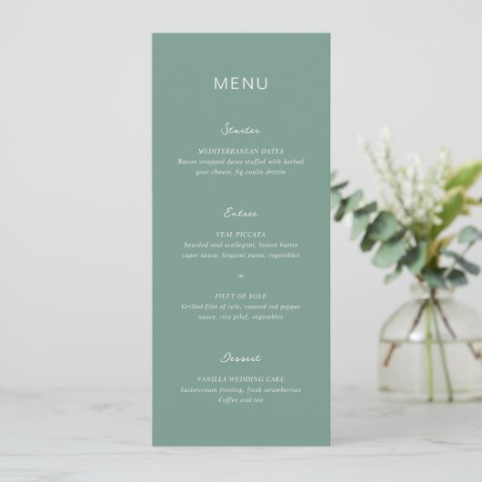 Eenvoudig Gedempt Groen Elegant Bruiloft Menu (Staand voorkant)