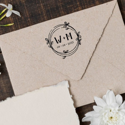Eenvoudig gedopte Wreath Wedding Monogram Zelfinktende Stempel