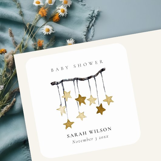 Eenvoudig geel neutraal Star mobiel Baby shower Vierkante Sticker