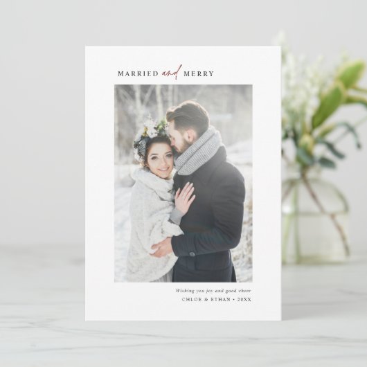 Eenvoudig gehuwd en versierd Pas getrouwd Foto Feestdagenkaart (Staand voorkant)