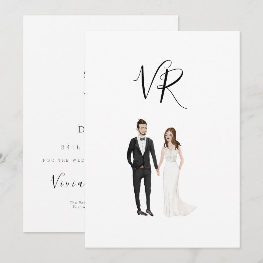 Eenvoudig geïllustreerd Couple Black Suit Save The Date (Voorkant / Achterkant)