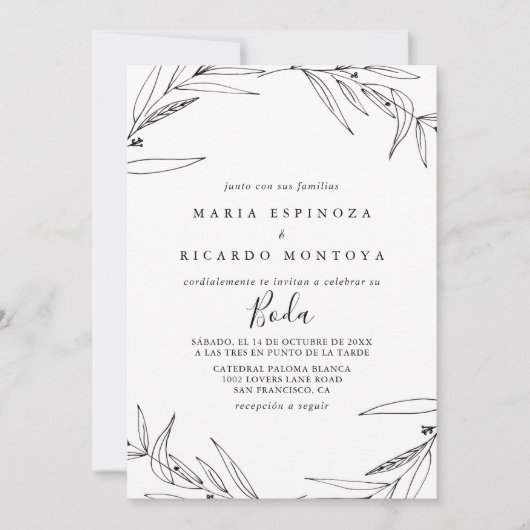 Eenvoudig geïllustreerd gebladerte Spaanse bruilof Kaart (Voorkant)