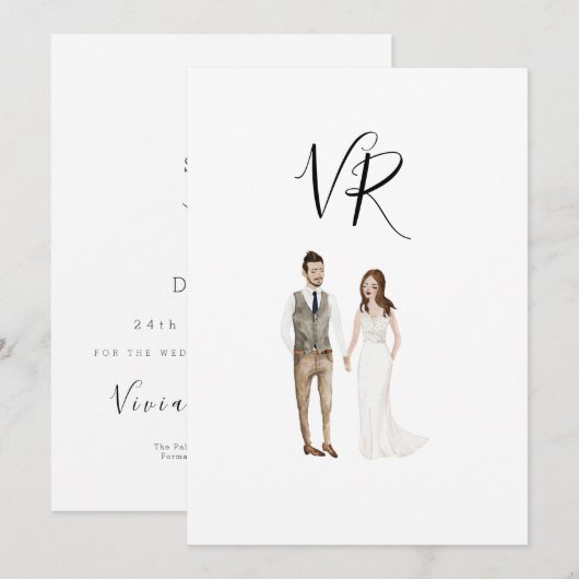 Eenvoudig geïllustreerd paar save the date (Voorkant / Achterkant)