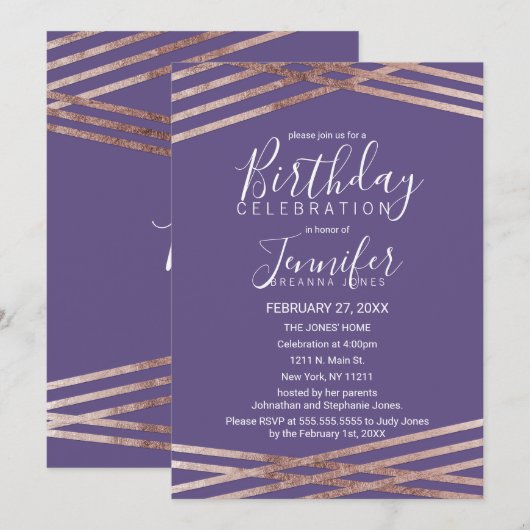 Eenvoudig gelaagd Roos Gold Violet Birthday Party Kaart (Voorkant / Achterkant)