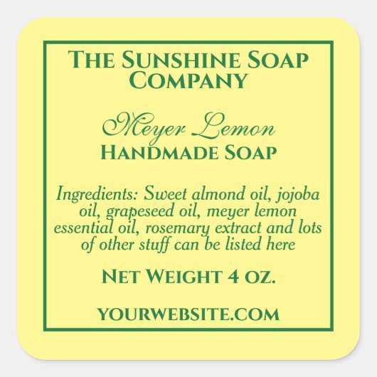 Eenvoudig gele en groene zeep en cosmeticaetiket vierkante sticker (Voorkant)