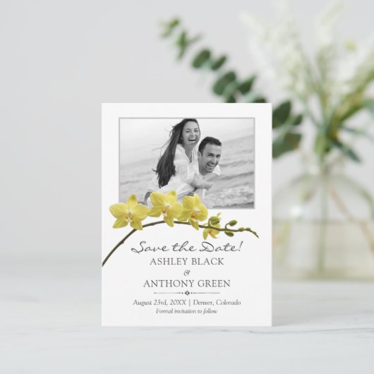 Eenvoudig gele orchidee foto Weddenschap Save the Aankondigingskaart (Staand voorkant)