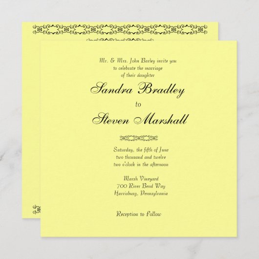 Eenvoudig gele uitnodiging voor bruiloft (Voorkant / Achterkant)