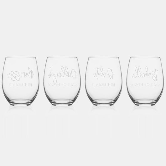 Eenvoudig gepersonaliseerd script naam bruidsmeisj wijnglas zonder voet (Achterkant)