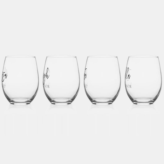 Eenvoudig gepersonaliseerd script naam bruidsmeisj wijnglas zonder voet (Links)