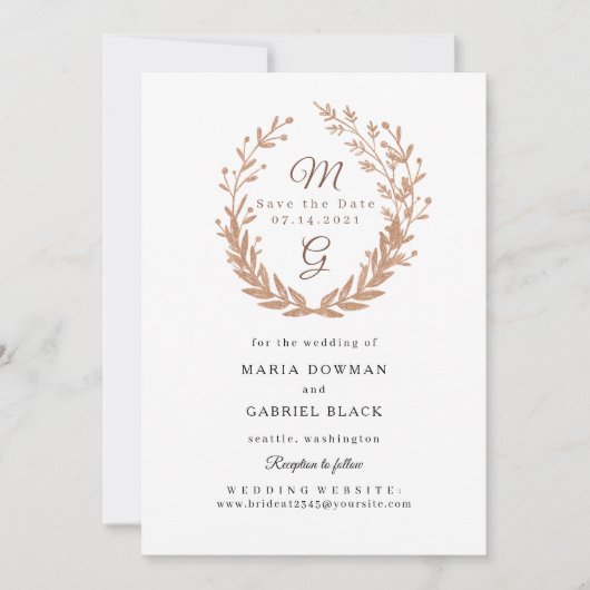 Eenvoudig geschept golden foliage monogram. bruilo save the date (Voorkant)