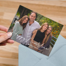 Eenvoudig geschreven gelukkig nieuwjaar fotokaart feestdagenkaart