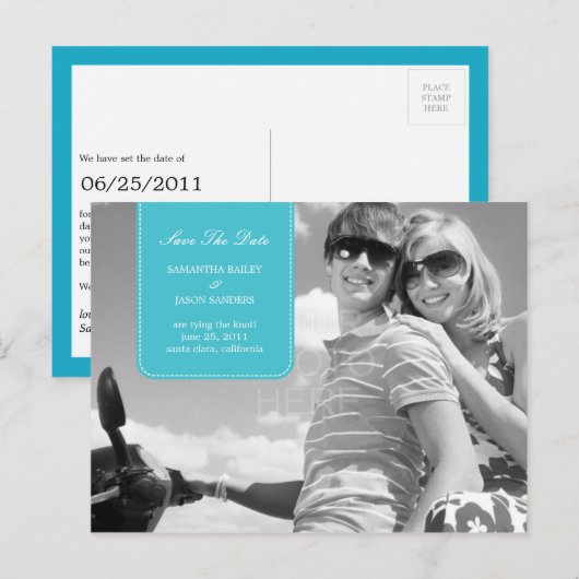 Eenvoudig gestikt Save the Date Briefkaart (turquo (Voorkant / Achterkant)