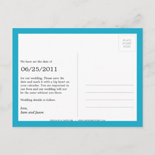 Eenvoudig gestikt Save the Date Briefkaart (turquo (Achterkant)