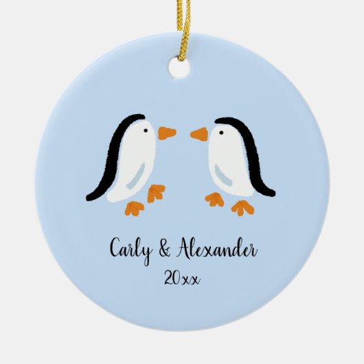 Eenvoudig gestileerd pinguïn paar aangepaste kerst keramisch ornament (Voorkant)