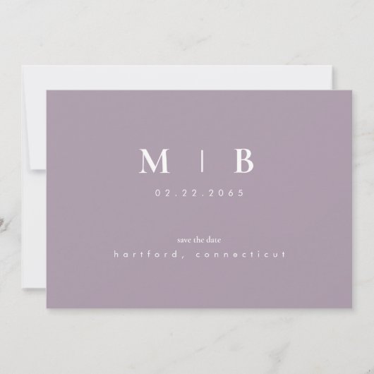 Eenvoudig gestroomlijnde lavenaarsmonogram bewaren save the date (Voorkant)