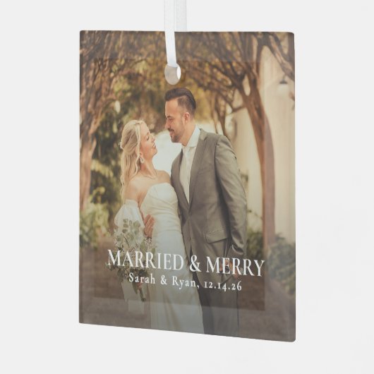 Eenvoudig Getrouwd & Blij Pasgetrouwd Foto, Kerstm Glas Ornament (Voorkant links)