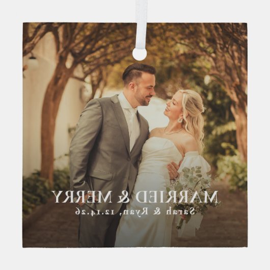 Eenvoudig Getrouwd & Blij Pasgetrouwd Foto, Kerstm Glas Ornament (Achterkant)
