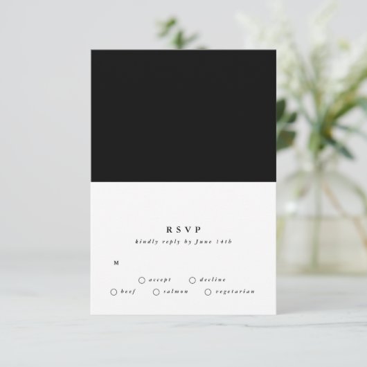 Eenvoudig gewoon modern tekstzwart onyx-woestijnhu RSVP kaartje (Staand voorkant)
