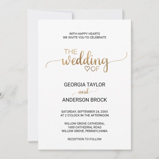 Eenvoudig Gold Calligraphy Wedding Kaart (Voorkant)