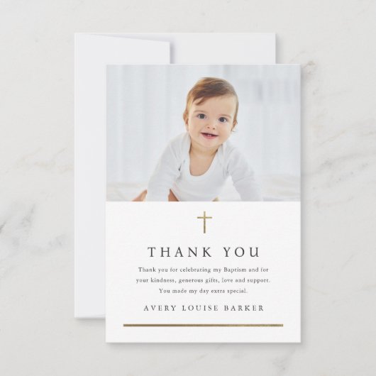 Eenvoudig Gold Cross Foto Religieuze Baptisme Bedankkaart (Voorkant)