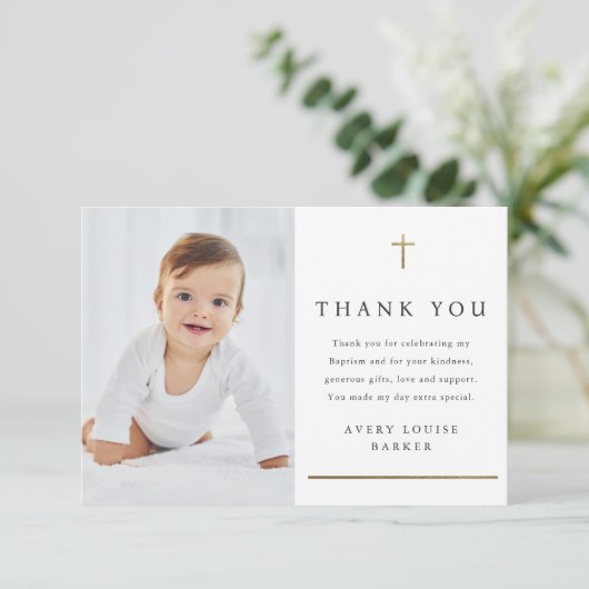 Eenvoudig Gold Cross Foto Religieuze Baptisme Bedankkaart (Staand voorkant)