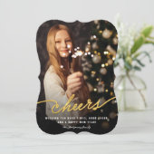 Eenvoudig Gold Foil Cheers Calligrafie-script Foto Feestdagenkaart (Staand voorkant)