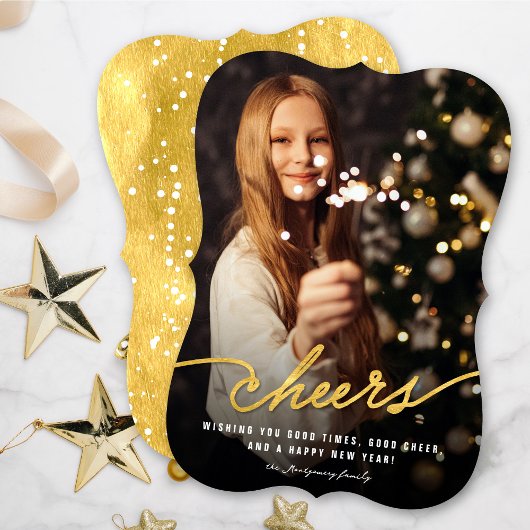 Eenvoudig Gold Foil Cheers Calligrafie-script Foto Feestdagenkaart