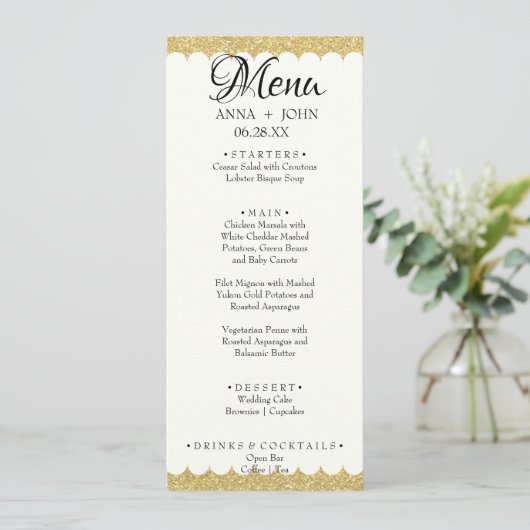 Eenvoudig Gold Glitter toevoegen Naam Datum Wedden Menu (Staand voorkant)