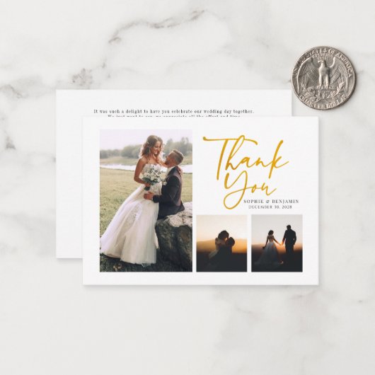 Eenvoudig Gold Hand-Lettered Wedding Hartelijk dan Notitiekaartje (Voorkant / Achterkant in situ)