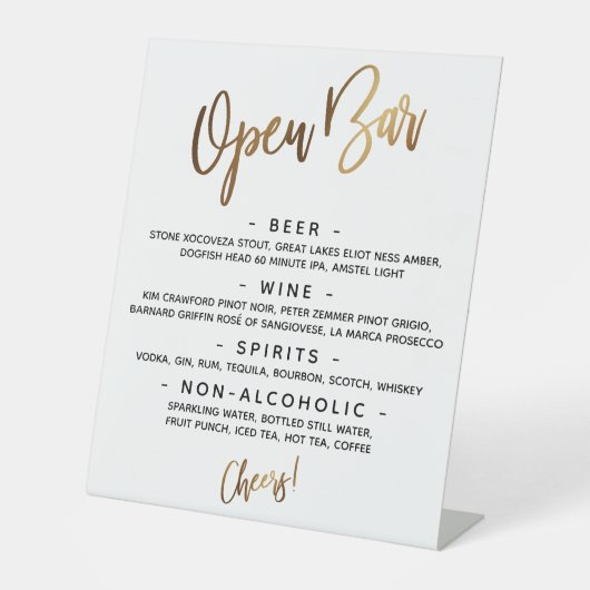Eenvoudig Gold Handwriting Open Bar-menu Reclamebord Met Voetstuk (Voorkant)