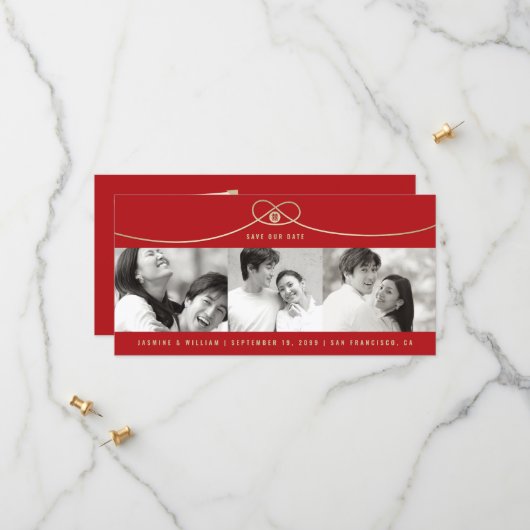 Eenvoudig Gold Knot Double Gelukkig 3 Foto Chinees Save The Date (Voorkant / Achterkant in situ)