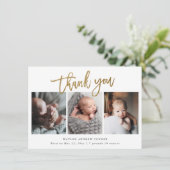 Eenvoudig Gold Script 3 Foto Baby Bedankkaart (Staand voorkant)