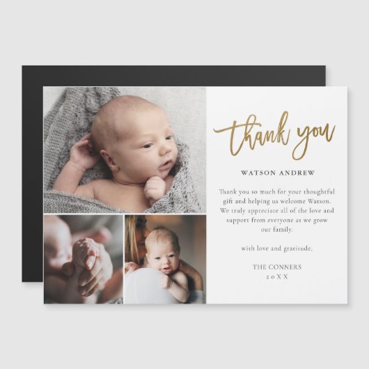 Eenvoudig Gold Script 3 Foto Baby - Hartelijk dank (Voorkant / Achterkant)