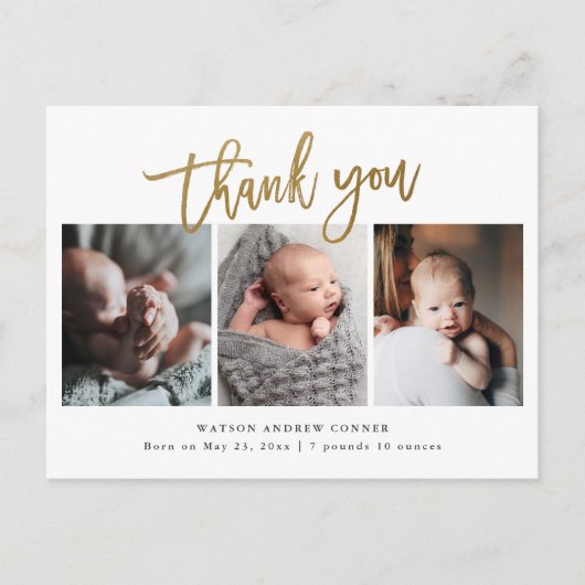 Eenvoudig Gold Script 3 Foto Baby Hartelijk dank Briefkaart (Voorkant)