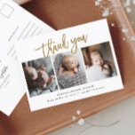 Eenvoudig Gold Script 3 Foto Baby Hartelijk dank Briefkaart<br><div class="desc">Dit Simple Gold Script 3 Foto-Baby biedt een gouden handgeschreven kalligrafie,  bedankt u en de geboortegegevens aan de voorzijde. De rug omvat een persoonlijk bericht van de volledige familie. Klik uitgeven knoop om dit ontwerp met uw foto's en details aan te passen.</div>