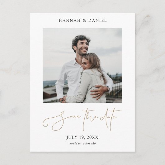 Eenvoudig Gold Script Bewaar de datum van de fotob Aankondigingskaart (Voorkant)