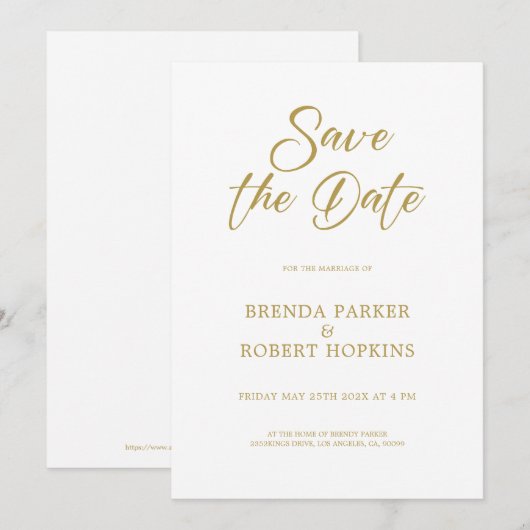 Eenvoudig Gold Script op witte bruiloft bespaart d Kaart (Voorkant / Achterkant)