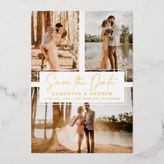 Eenvoudig goud behalve datum 3 collage van het fot folie uitnodiging (Voorkant)