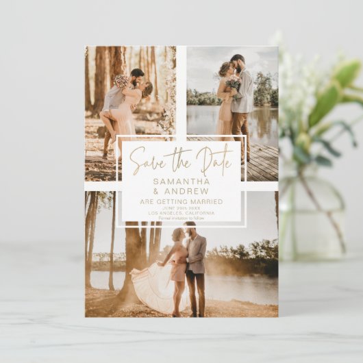 Eenvoudig goud behalve datum 3 collage van het fot save the date (Staand voorkant)