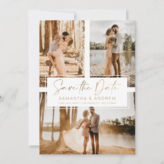 Eenvoudig goud behalve datum 3 collage van het fot save the date (Voorkant)