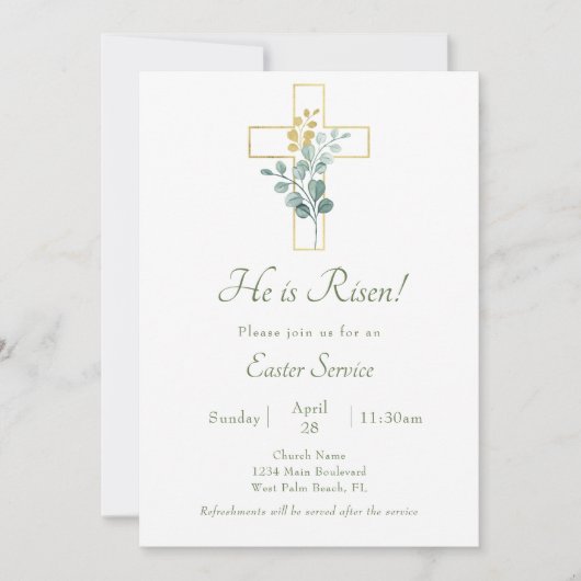 Eenvoudig Goud Botanisch Kruis Kerk Pasen Service Kaart (Voorkant)