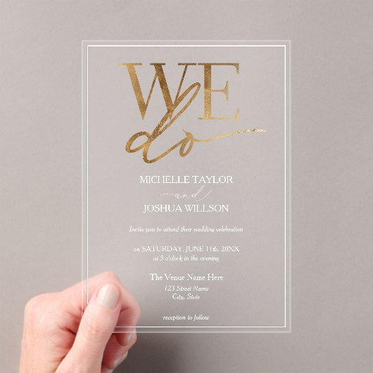 Eenvoudig goud Elegant Minimalist WE DO Wedding Acryl Uitnodigingen (Insitu (Draagbaar))
