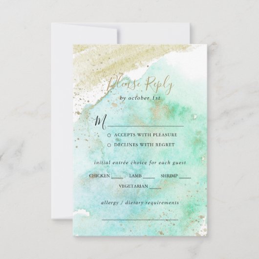 Eenvoudig Goud en Groen Bruiloft Menu Keuze RSVP (Voorkant)