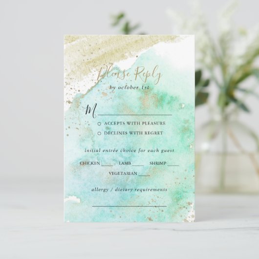 Eenvoudig Goud en Groen Bruiloft Menu Keuze RSVP (Staand voorkant)