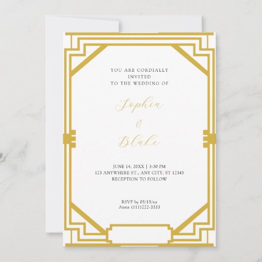 Eenvoudig goud en witte kunst Deco Wedding Kaart (Voorkant)
