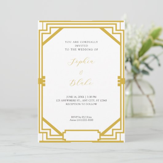 Eenvoudig goud en witte  kunst Deco Wedding Kaart (Staand voorkant)