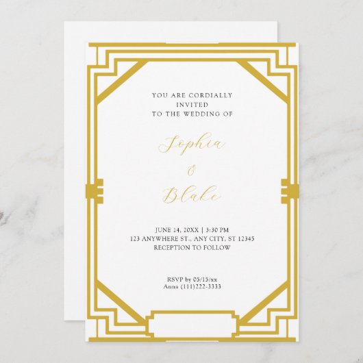 Eenvoudig goud en witte kunst Deco Wedding Kaart (Voorkant / Achterkant)